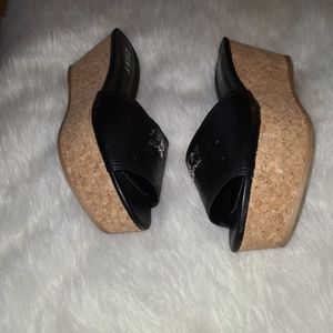 DKNY S. 9.5  Black Sandals Tan Cork Wedges